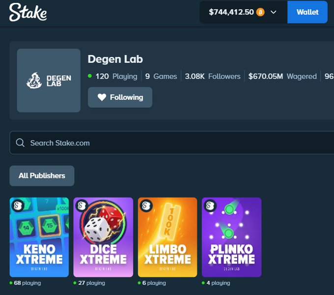 A screenshot of the Stake.com website displays a wallet balance of $744,412.50 alongside the "Degen Lab" profile featuring 9 Games, 3.08K Followers, and $670.05M Wagered, with "Following" indicated. Below, four featured games are highlighted: Keno Xtreme, Dice Xtreme, Limbo Xtreme, and Plinko Xtreme, matching the Xtreme games mentioned in the monthly out post.