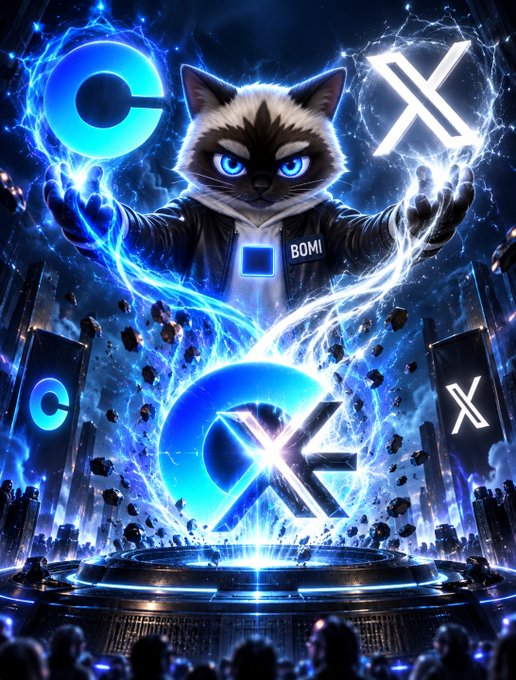 A digital artwork depicting an anthropomorphic cat with intense blue eyes wearing a 'BOMI' labeled jacket, channeling blue lightning energy between two glowing symbols, with the word 'CX' illuminated below in a futuristic arena setting.