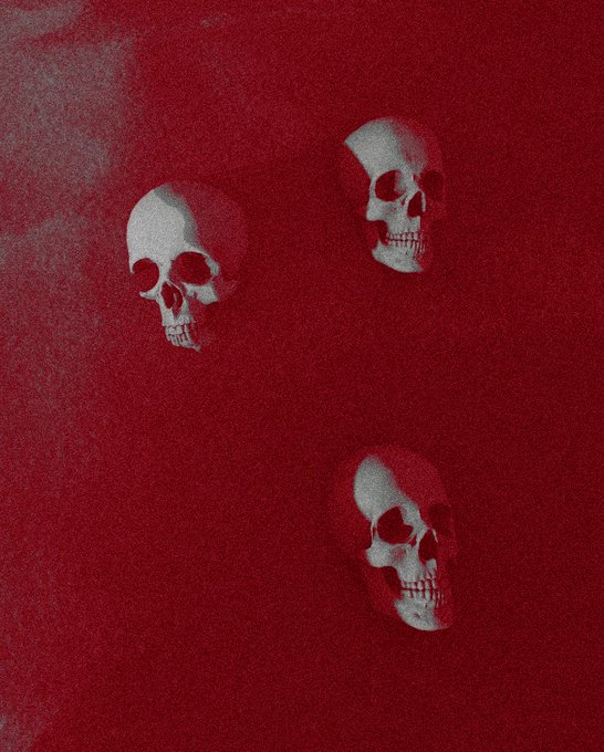 Three ghostly white skulls float against a deep crimson background, visually echoing the post's reference to "The 3 faces of a collector." The eerie, monochromatic red palette and skeletal imagery reinforce the haunting, memento mori aesthetic of this 1/1 NFT from the _NOTACK_ weekly collection.