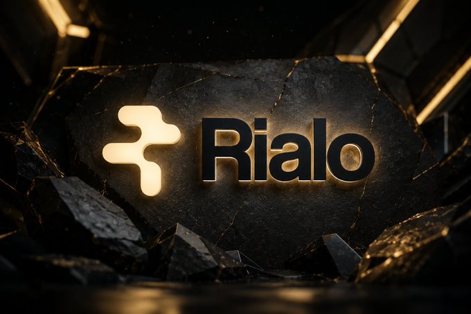 A 3D render displaying the 'Rialo' logo with its symbol on a dark, cracked stone surface illuminated by warm lighting.