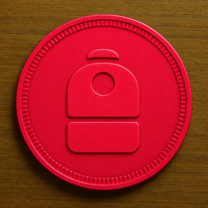 A red circular plastic token or coin with an embossed design resembling a stylized device or character, resting on a wooden surface.