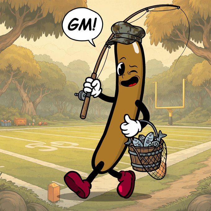 A cartoon illustration of an anthropomorphic pickle character wearing a fishing hat and red shoes, holding a fishing rod and a basket of fish, saying 'GM!' while walking on a football field.