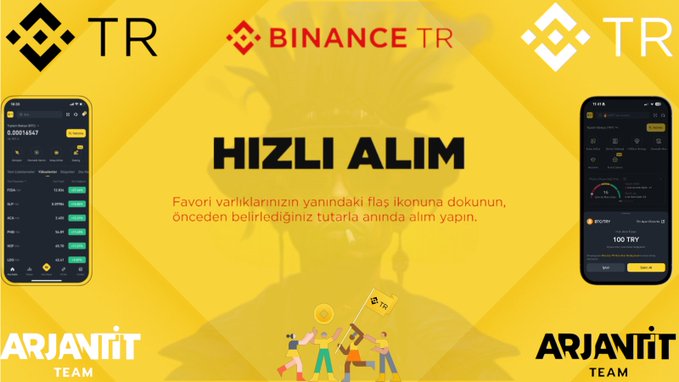 This promotional graphic for Binance TR highlights their "HIZLI ALIM" (Quick Buy) feature, showing the "Arjanit Team" branding alongside screenshots of the trading interface with a TRY (Turkish Lira) order at 100 TRY, which streamlines the trading process by allowing users to instantly buy from their favorites list with pre-set amounts.