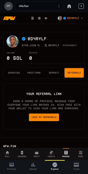 A mobile screenshot of the nfw.fun website showing a user profile (@D4RYLF) with 0 SOL volume and a 'REFERRALS' tab selected.