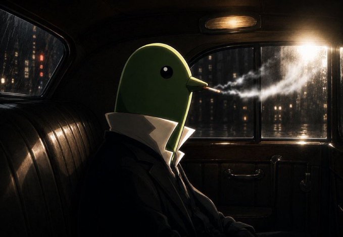 A surreal digital artwork shows a green-headed figure in a suit smoking a cigarette inside a car at night.