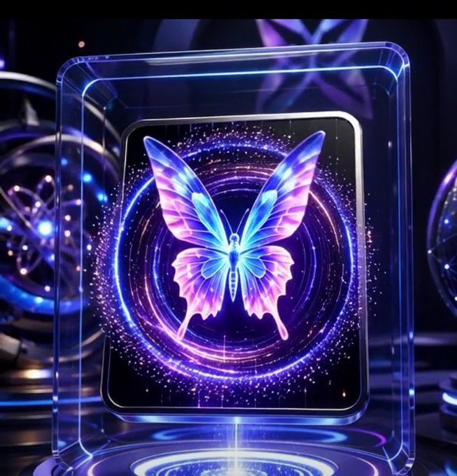 A glowing neon butterfly with vibrant purple and blue wings is encased within a futuristic transparent holographic cube, surrounded by cosmic particles and energy rings.