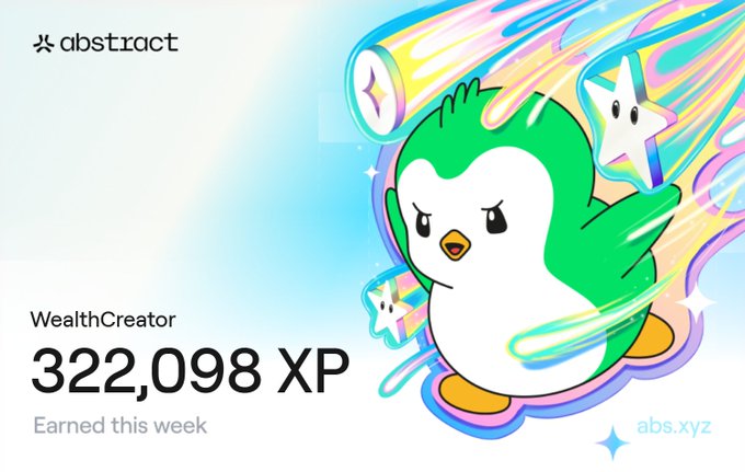 An Abstract platform graphic featuring a cute green penguin mascot with a determined expression surrounded by colorful stars and swirls, displaying the username "WealthCreator" with 322,098 XP earned this week and the URL "abs.xyz".