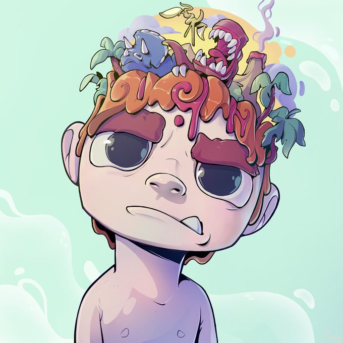 A digital illustration of a stylized character with an open, exposed head revealing a vibrant internal landscape of plants, creatures, and flowing lava-like forms.
