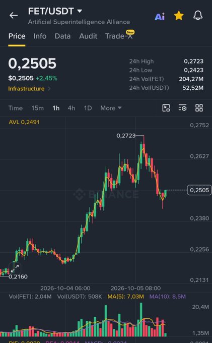 A cryptocurrency trading chart on Binance displays the FET/USDT (Artificial Superintelligence Alliance) price at 0.2505 USDT, up 2.45%, with a candlestick graph.