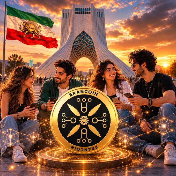 The image features a group of four people sitting around a large golden coin, with the words "EranCoin" displayed prominently above them. The coin has a design that resembles an ancient Egyptian obelisk or pyramid, which is often associated with Iran's rich history and culture. The phrase "Iran has one of the youngest and most tech-savvy populations in the world", implies that the group might be discussing the potential impact of digital technologies on Iran's future. The post also mentions the creation of EranCoin by a man named @Eran, who is inspired by Iran's rich cultural heritage and wants to ensure that their traditions are preserved through modern means.