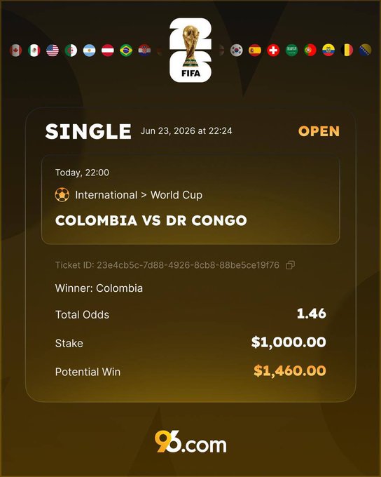 The image shows a screenshot of a football ticket purchase page from a website called '96.com'. On this webpage, there are various details about the event including the name of the event being played, which appears to be World Cup between Colombia and Congo. The current time for the match is at 2:00 PM and the price of the tickets is listed at $1,600. There's also a summary on the screen providing information related to potential winners or other relevant details about the match. 
The post that this screenshot belongs to features an image with a caption that reads "1 SOL to someone random who likes this tweet", which seems to be related to the World Cup between Colombia and Congo, possibly promoting tickets for that event.