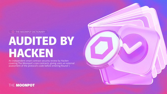 A vibrant purple and pink gradient promotional graphic for "The Moonpot" featuring a 3D-styled folder with a hexagonal logo and checkmark icon, displaying the text "AUDITED BY HACKEN" from "The Moonpot Dictionary" series, visually reinforcing the announcement of Hacken's independent smart contract security review of The Moonpot's core contracts ahead of Round 1.