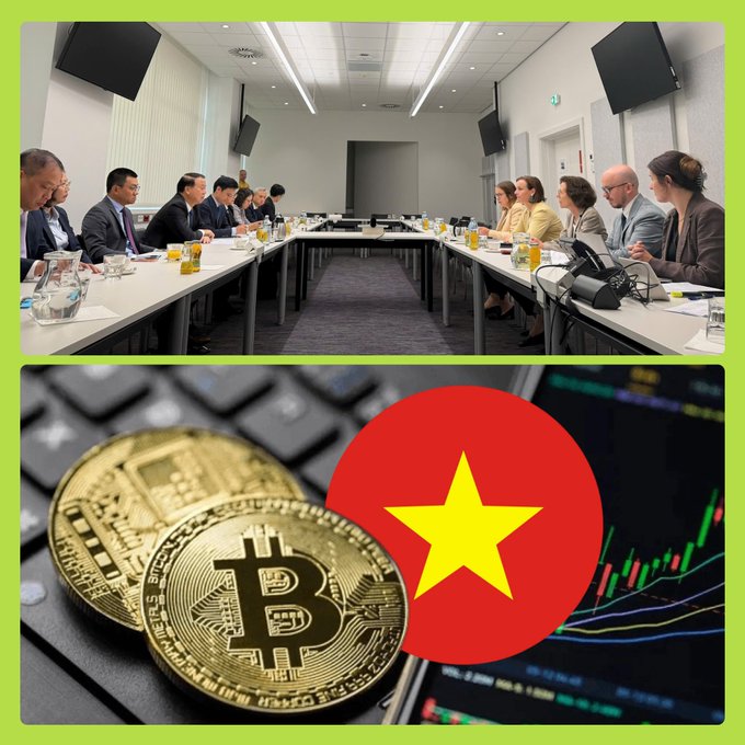 The image is split into two sections: the top shows a formal meeting with officials seated around a conference table, while the bottom displays physical Bitcoin coins next to the flag of Vietnam overlaid on a financial chart with green and red candlesticks, visually representing the country's progress toward launching an officially licensed crypto exchange, as noted by Deputy Minister of Finance Nguyễn Đức Chi.