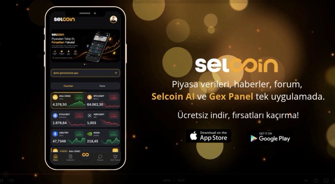 The image shows a promotional ad for the "Selcoin" mobile app, featuring a smartphone mockup displaying cryptocurrency market data with tickers like THETA (4.376,50), BTC (64.082,30), ETH/USDT (1.876,64), LINK (1.003), USDT/TRY (47.7349), and BORA (218,45), alongside Turkish text promoting "Selcoin AI" and "Gex Panel" for market data, news, and forums. The app appears to be a comprehensive crypto tracking platform, aligning with the post's announcement about tracking real-time onchain transfers and major crypto movements.
