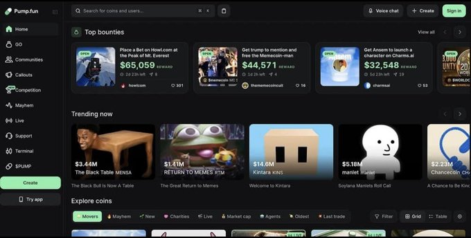 A Pump.fun cryptocurrency platform homepage displaying top bounties and trending coins, including The Black Table MENSA at $3.44M and a 'Place a Bet' bounty offering $65,059.