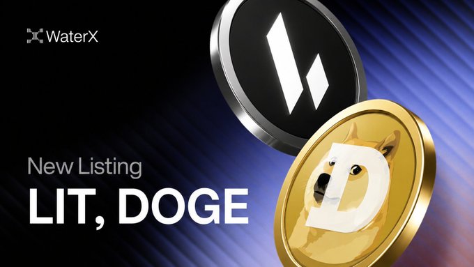 WaterX promotional banner announcing 'New Listing' for cryptocurrency tokens LIT and DOGE, featuring stylized coin illustrations of both tokens.