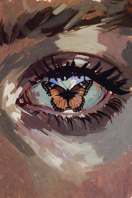 The image features a close-up of an eye with a butterfly painted above it, giving the impression that the butterfly is looking at the viewer's face. The background appears to be a light brown color, which contrasts nicely with the dark brown eyes and the lighter brown butterfly. The image also contains text that reads "Good morning Gilded Gaze" and "8.88 Tez Available on @objktcom Link & description".