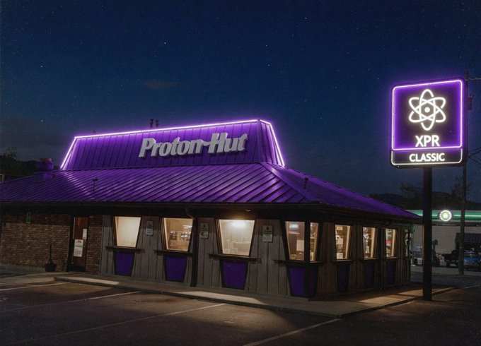 The image features a neon-lit restaurant called "Proton- hut" with purple lights, which has a sign that says "XPR Classic" above its entrance. The restaurant's exterior is illuminated by purple lights, creating an inviting atmosphere for customers. In front of the restaurant, there are two cars parked - one on each side.