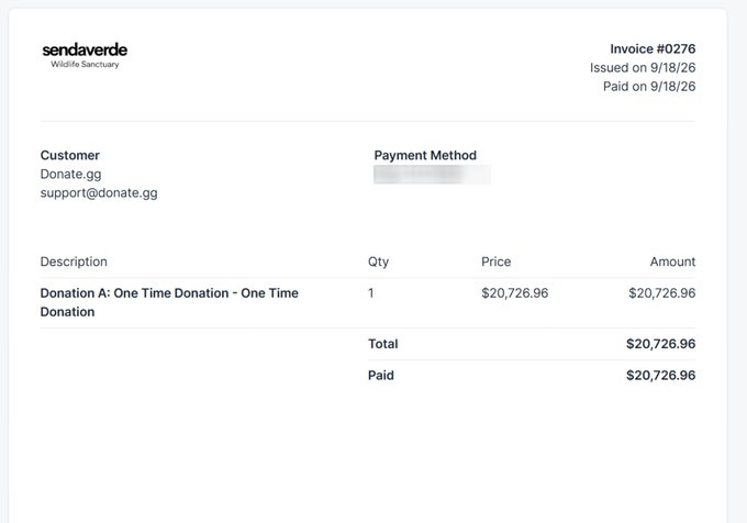 An invoice from Senda Verde Wildlife Sanctuary (#0276) confirms a one-time donation of $20,726.96 from Donate.gg, paid on 9/18/26, serving as the receipt for the $20,000 donation to La Senda Verde Animal Refuge.