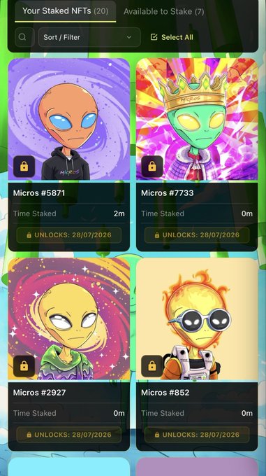 A screenshot of a crypto wallet interface showing 'Your Staked NFTs (20)' with four alien-themed 'Micros' NFTs (#5871, #7733, #2927, #852) all set to unlock on 28/07/2026.