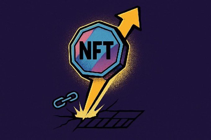 An illustrated graphic featuring an octagonal NFT badge with an upward-pointing arrow breaking through a surface, accompanied by a chain link icon on a dark purple background.
