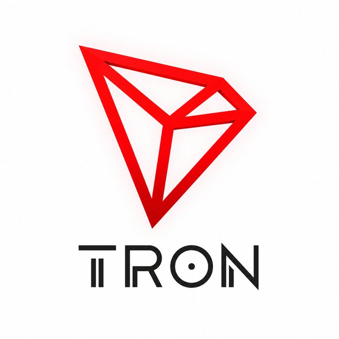 The TRON cryptocurrency logo, featuring a red geometric diamond shape above the word "TRON" in black text.