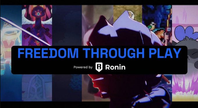 A promotional banner displays the text 'FREEDOM THROUGH PLAY Powered by Ronin' over a collage of various video game artwork backgrounds.