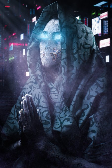 A hooded, skeletal figure with glowing blue eyes and long grey hair holds up a hand with a ring, standing in a misty, dark cyberpunk environment.