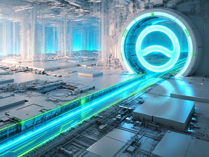 A futuristic digital landscape features a glowing blue portal emitting streams of light along circuit-like pathways across a high-tech terrain, symbolizing the new $ANYONE token's integration into the Robinhood Chain ecosystem via Stargate's bridging infrastructure. The portal's radiant energy visually represents the token's expanding reach and seamless connectivity across on-chain markets.