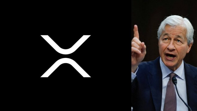 A split image shows the XRP logo on the left and JPMorgan CEO Jamie Dimon speaking on the right, accompanying news that JPMorgan completed a $10+ billion tokenized U.S. Treasury settlement on the XRP Ledger.