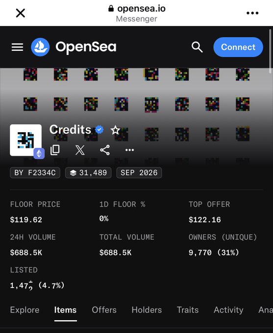 A screenshot of the OpenSea NFT marketplace showing a collection called 'Credits' with a floor price of $119.62, 24H volume of $688.5K, and 9,770 unique owners.