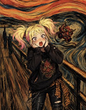 The image features a girl with blonde hair wearing a black sweatshirt, standing next to a railing. She has her hands covering her mouth as if she's surprised or scared by something happening behind her. The background of the image shows an abstract painting that includes a red dragon and a man in a suit walking away from it.