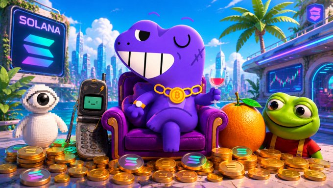 A purple dinosaur named Rex lounges in a purple armchair holding a glass of wine, surrounded by piles of gold "SOL" coins and Solana logos, flanked by a small green robot and a cartoon frog wearing a red shirt. The scene visualizes the "Rex says hi with some sol frens" post by featuring the Rex character with his Solana "friends" (the frog and robot) amid a tropical cityscape backdrop.