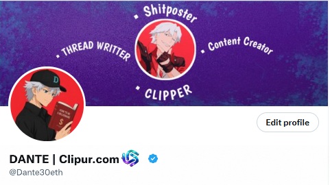 The image features a social media post with a purple background, which has a cartoon character holding a book and wearing a hat. The post includes text that reads "Dante #Clipper @clipper.com". This suggests that the post is related to a social media account or profile of someone named Dante Clipper, who is an avid reader and enjoys sharing his thoughts on books with others. The post also mentions that the user wants to edit their profile, which implies that they might be looking for ways to personalize their online presence or make changes to their content.