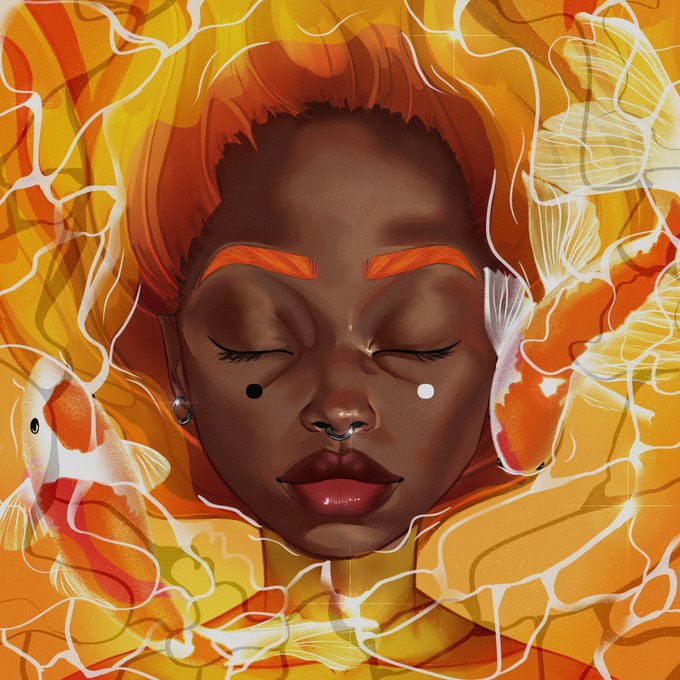 A digital illustration of a serene woman with closed eyes, glowing orange eyebrows, and a nose ring, surrounded by swimming koi fish and swirling water patterns in vibrant orange and yellow tones.