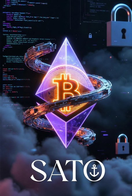 "Sato" written in white letters at the bottom of a poster with an illustration of a Bitcoin symbol, a train, and two padlocks. The text above the image reads "GM $BTC GM $SATO $SATO to the moon".