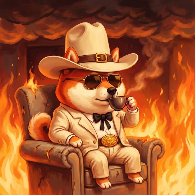 A digital illustration depicts an anthropomorphic Shiba Inu dog wearing a cream cowboy hat, sunglasses, and a white suit with a black bow tie, calmly sipping from a teacup while seated in an armchair surrounded by flames.