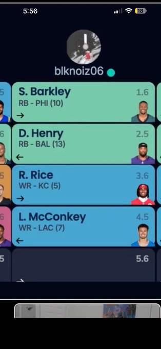 A screenshot of a fantasy sports app showing a user profile 'blknoiz06' with player picks including S. Barkley (RB-PHI), D. Henry (RB-BAL), R. Rice (WR-KC), and L. McConkey (WR-LAC).