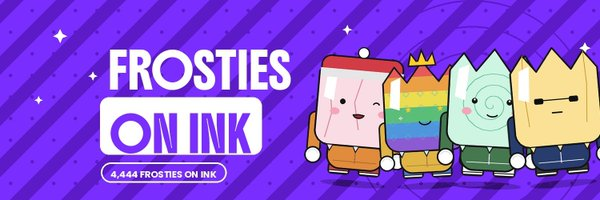 A purple promotional banner for 'FROSTIES ON INK' displays four cute cartoon characters wearing winter hats, noting '4,444 FROSTIES ON INK' below the main title.