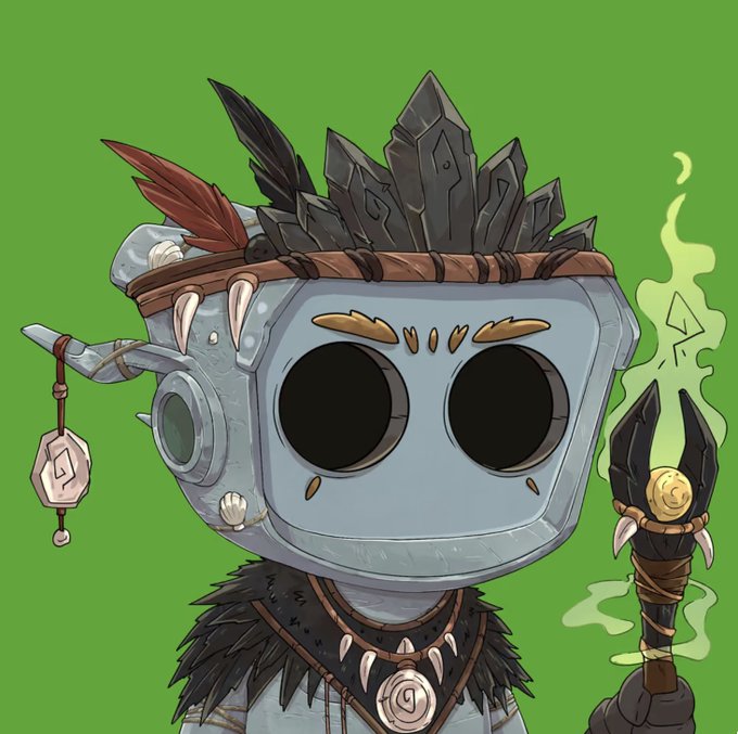 A cartoon character with a gray box-shaped helmet, spiked crown, and stone-like features wields a smoking dark scepter against a solid green background.