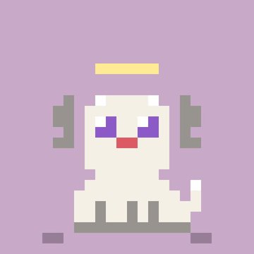 A pixel art ghost-like character with purple eyes, a red mouth, gray antennae, and a small yellow halo floats above a gray base, resembling a whimsical NFT collectible that "minted out" quickly according to the caption.