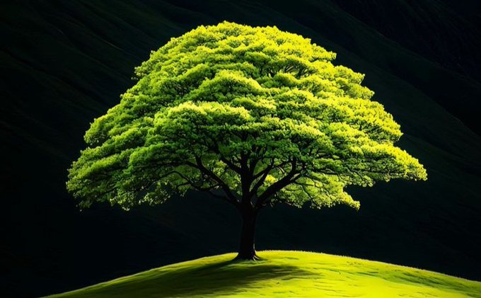 A solitary green tree with a dense canopy stands on a small grassy hill against a dark, textured background.
