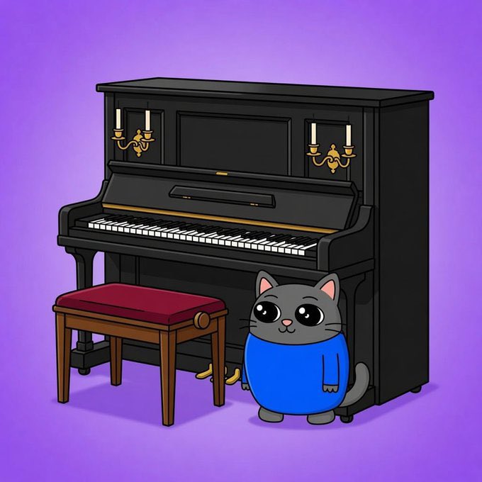 A gray cat wearing a blue sweater stands beside a black upright piano on a purple background, with no visible text or numbers in the illustration. The image serves as a whimsical mascot-style depiction, though it doesn't directly reference the "$SMOLCAT" token address or the post's aggressive trading rhetoric, functioning more as a cute branding element than a literal illustration of the token's message.