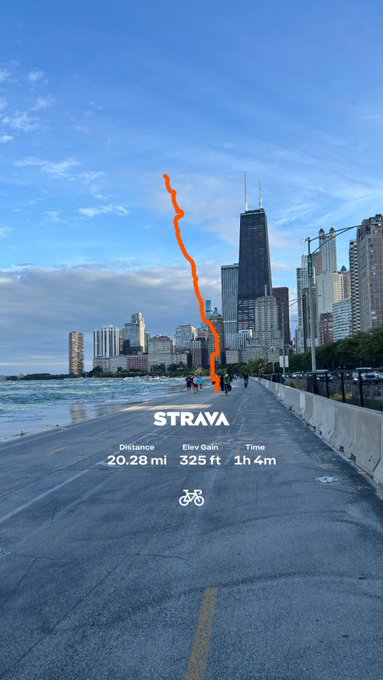 A Strava activity screenshot showing a bicycle ride in Chicago along the lakefront, with an orange route line and stats: 'Distance 20.28 mi, Elev Gain 325 ft, Time 1h 4m'.