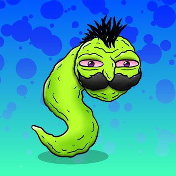 A cartoon illustration of a green, worm-like creature with a mustache, spiky hair, and half-closed eyes against a blue bubbly background.