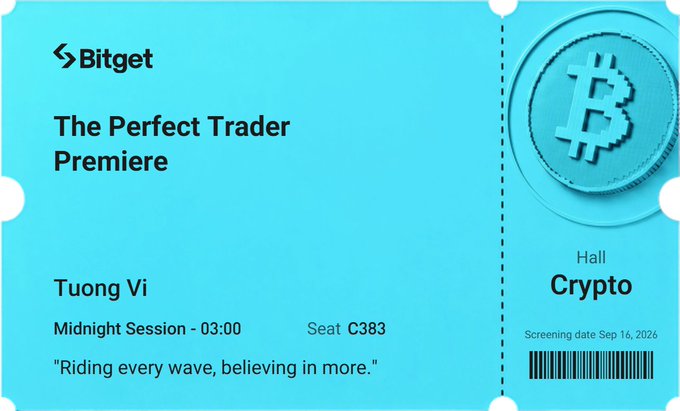 Bitget event ticket titled 'The Perfect Trader Premiere' for Tuong Vi, Hall Crypto, Midnight Session at 03:00, Seat C383, screening date Sep 16, 2026, with a Bitcoin coin graphic and the quote 'Riding every wave, believing in more.'