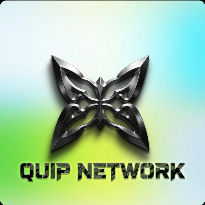 Logo for "QUIP NETWORK" featuring a metallic butterfly-like emblem on a gradient blue and green background.