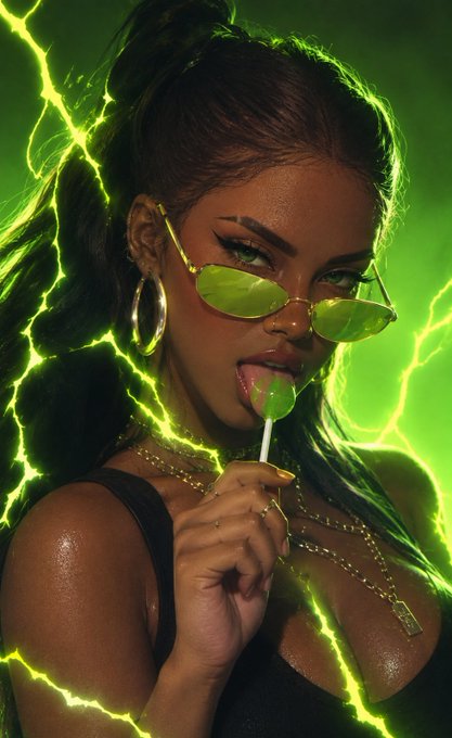 A stylized portrait of a woman with green hair, yellow-tinted sunglasses, and gold jewelry, licking a green lollipop against a background of green lightning bolts.