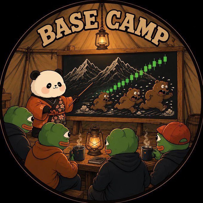 A circular cartoon illustration titled "BASE CAMP" showing a panda in a kimono presenting a chart to green frogs around a campfire, with brown bears fleeing from rising green candlestick bars on a chalkboard.