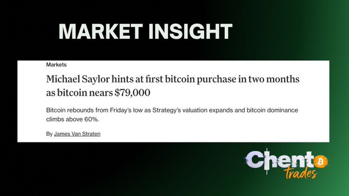 A dark green graphic titled "MARKET INSIGHT" displays a news headline reading "Michael Saylor hints at first bitcoin purchase in two months as bitcoin nears $79,000," with a subhead noting bitcoin rebounding from Friday's low as Strategy's valuation expands and bitcoin dominance climbs above 60%. The image, branded with the "Chart Trades" logo in the corner, visually reinforces the post's claim about Saylor's cryptic "We're Back" message signaling a potential Strategy BTC purchase.